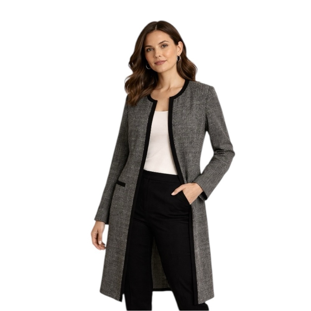 Danny Nicole Gray Tweed Duster Jacket Women 8 Open Front Long Blazer